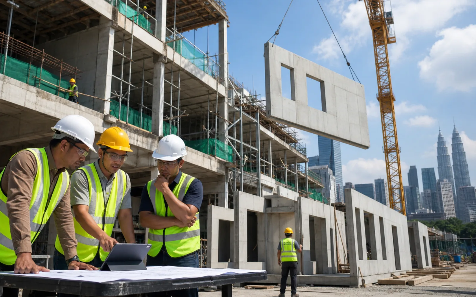 Malaysian construction team reviewing a building information model beside prefabricated components
