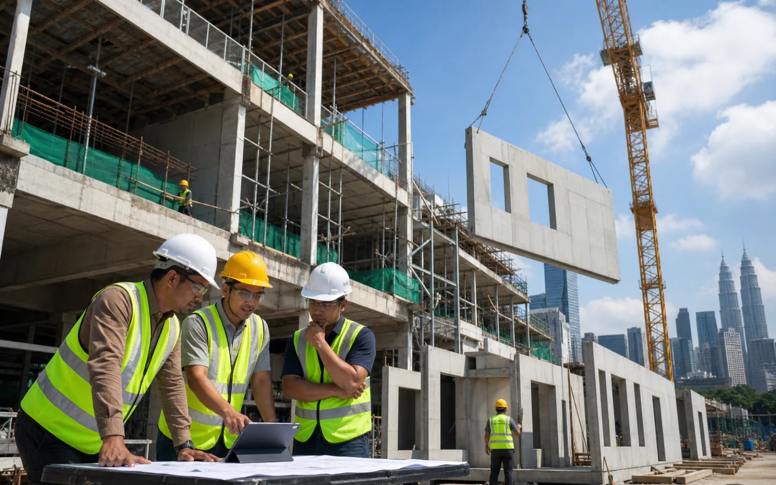 Large Malaysian construction project with cranes, concrete structures and workers in safety equipment