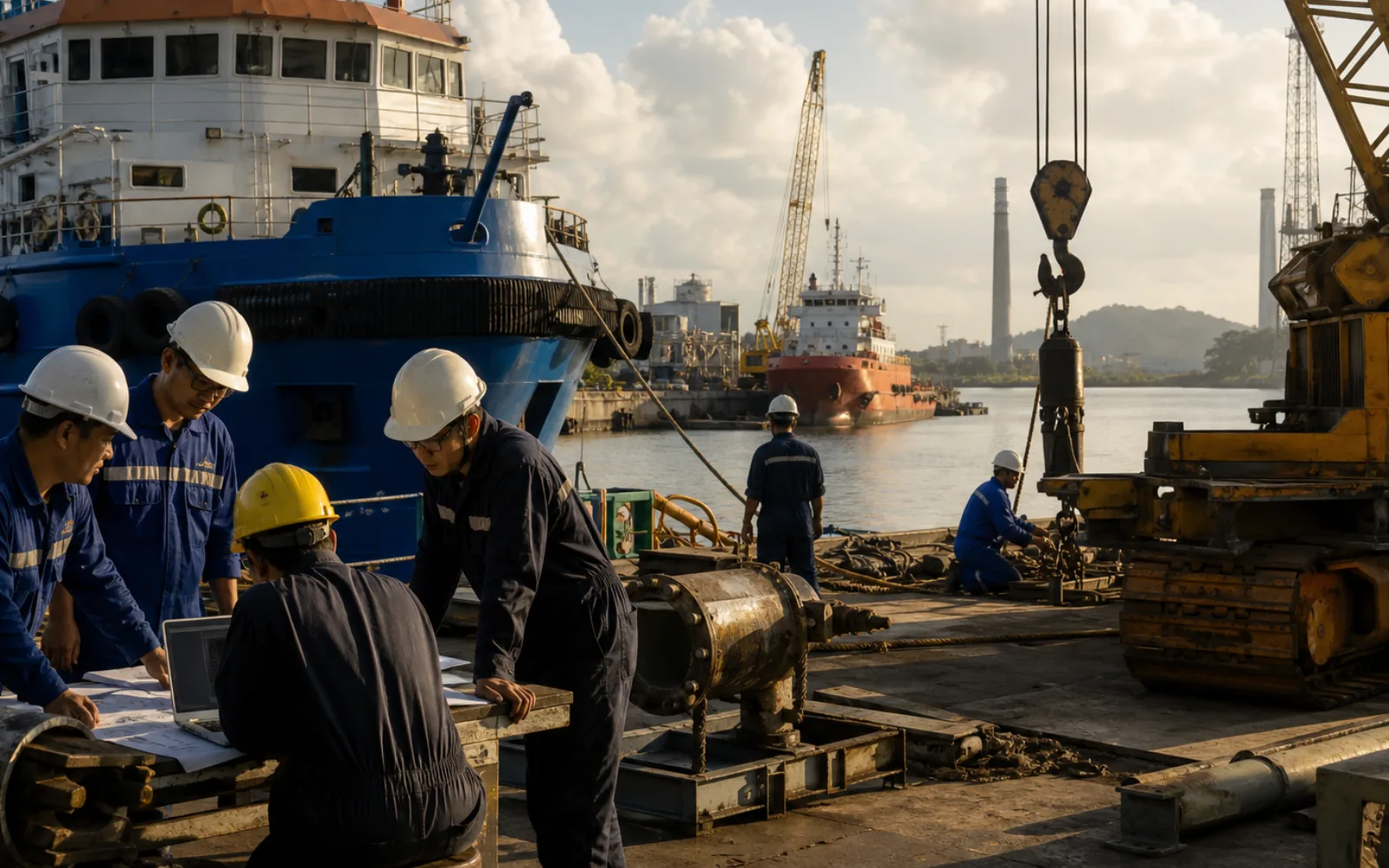 Marine operations coordinator using port and vessel data screens in Malaysia