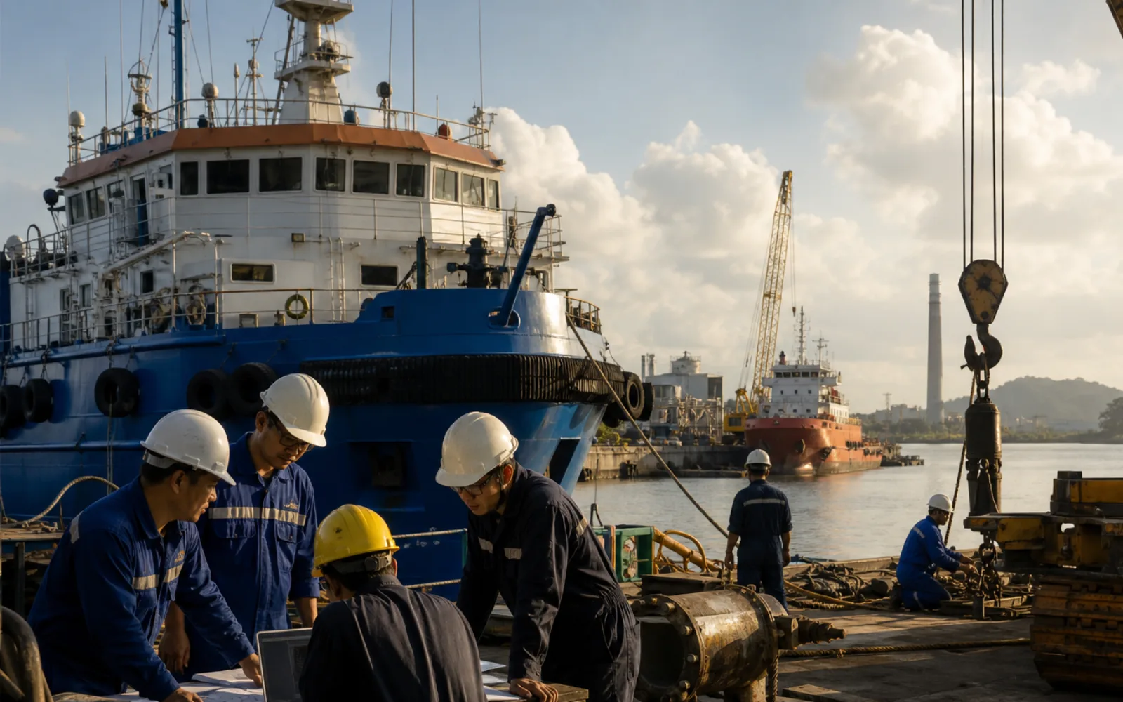 Marine service crew preparing equipment beside a vessel in a Malaysian port