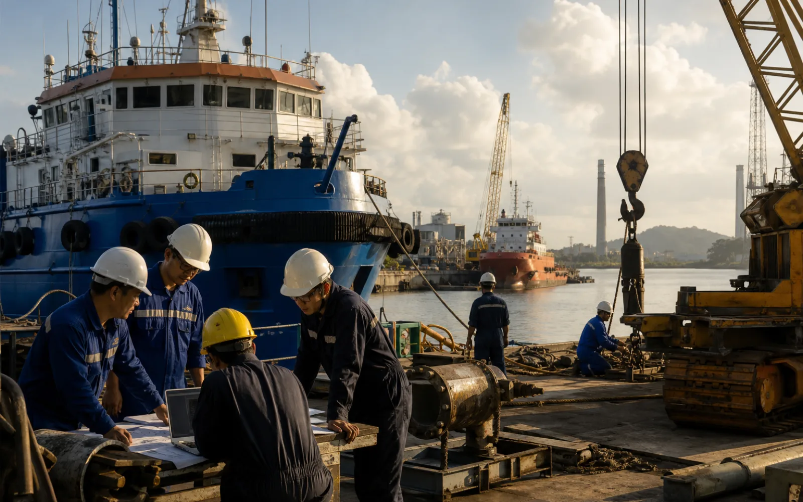 Commercial vessel alongside a Malaysian repair yard with cranes and workshop buildings