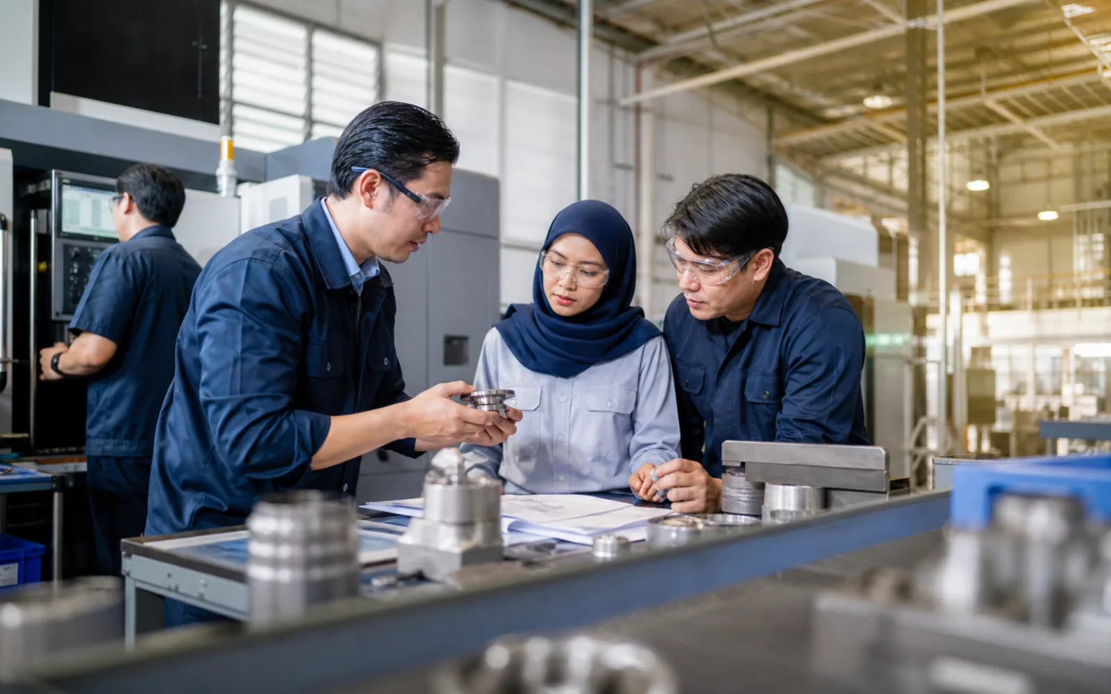 Precision engineering team inspecting industrial machinery inside a Malaysian manufacturing facility