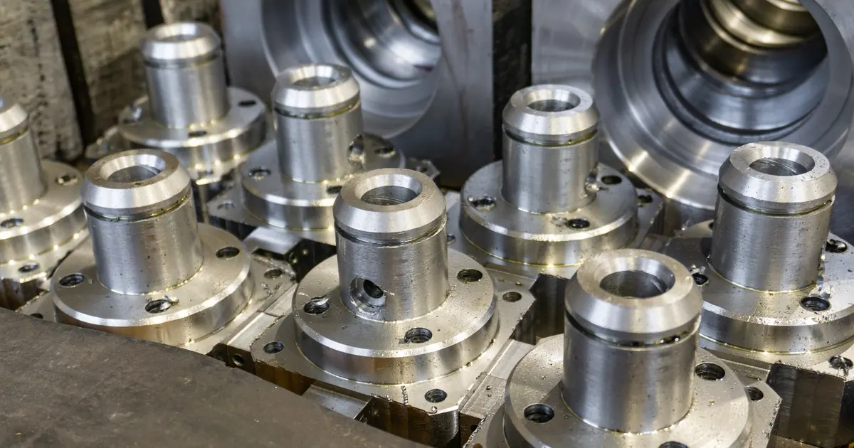 Rows of freshly machined steel flange components with bored centres lined up in a workshop