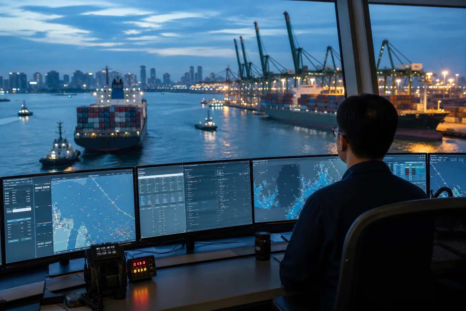 Port operations specialist monitoring vessel traffic on screens overlooking a Singapore container terminal