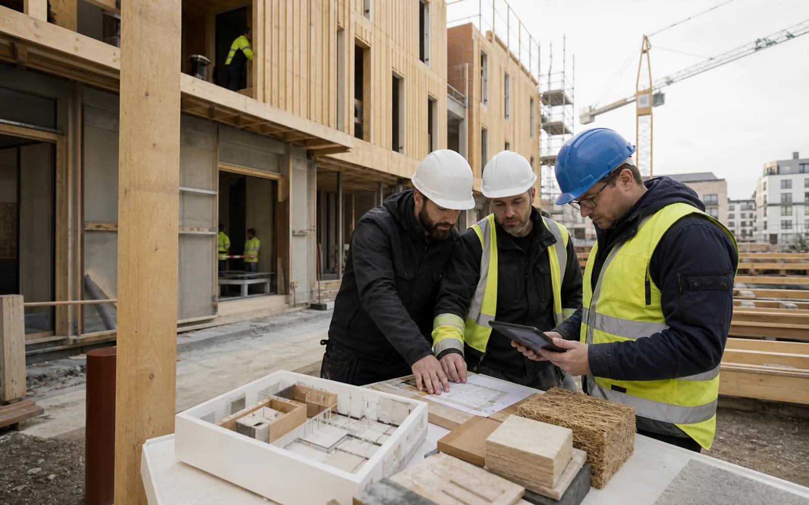 French contractor reviewing low-carbon material data and building plans for an RE2020 project
