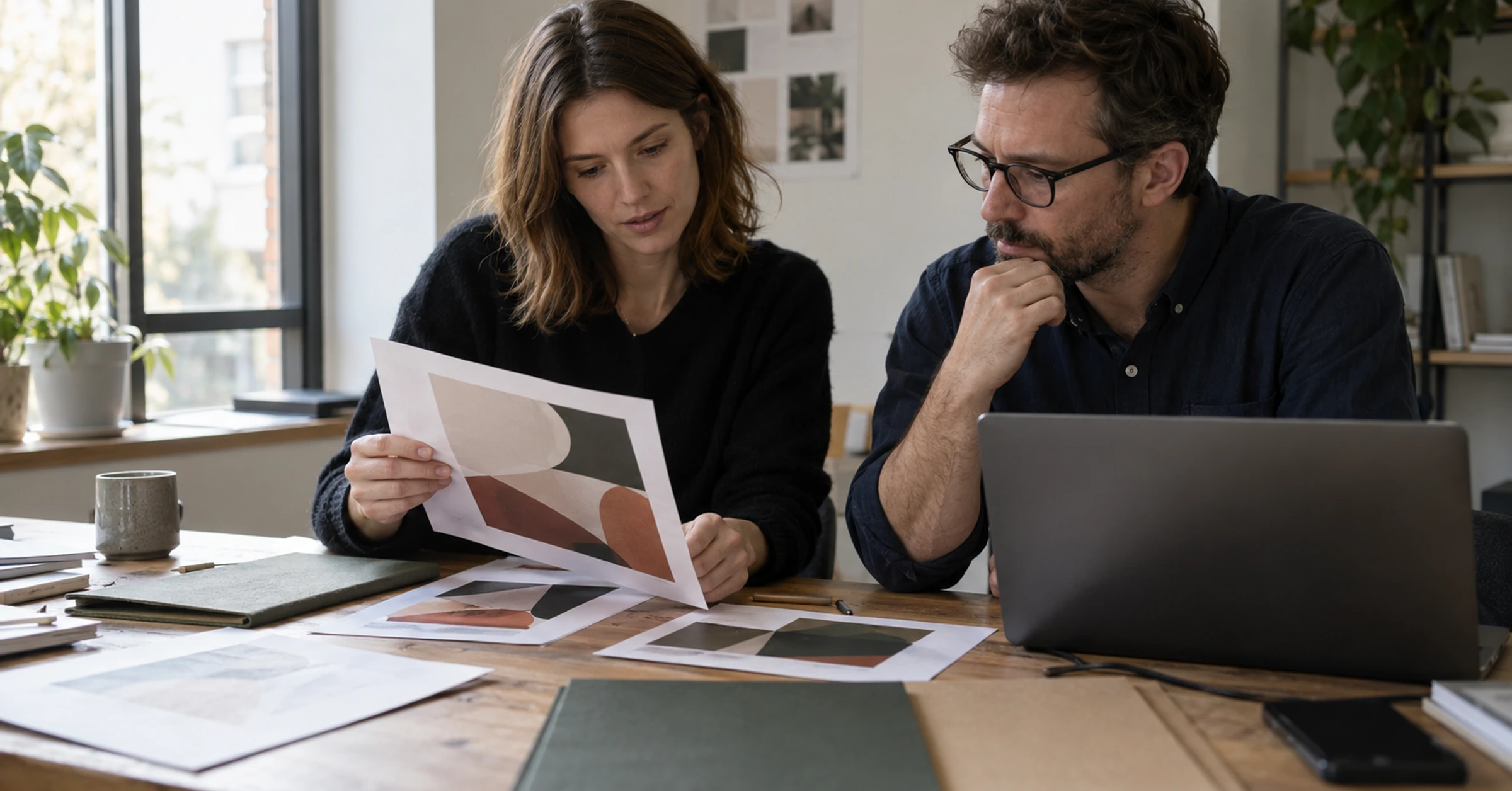 Designer and business manager compare printed identity applications beside a laptop