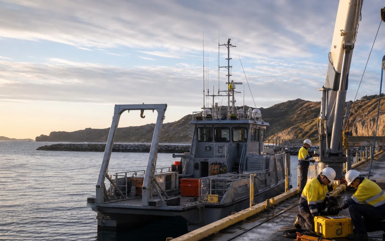 Marine service crew mobilising equipment at a remote Australian port at dawn