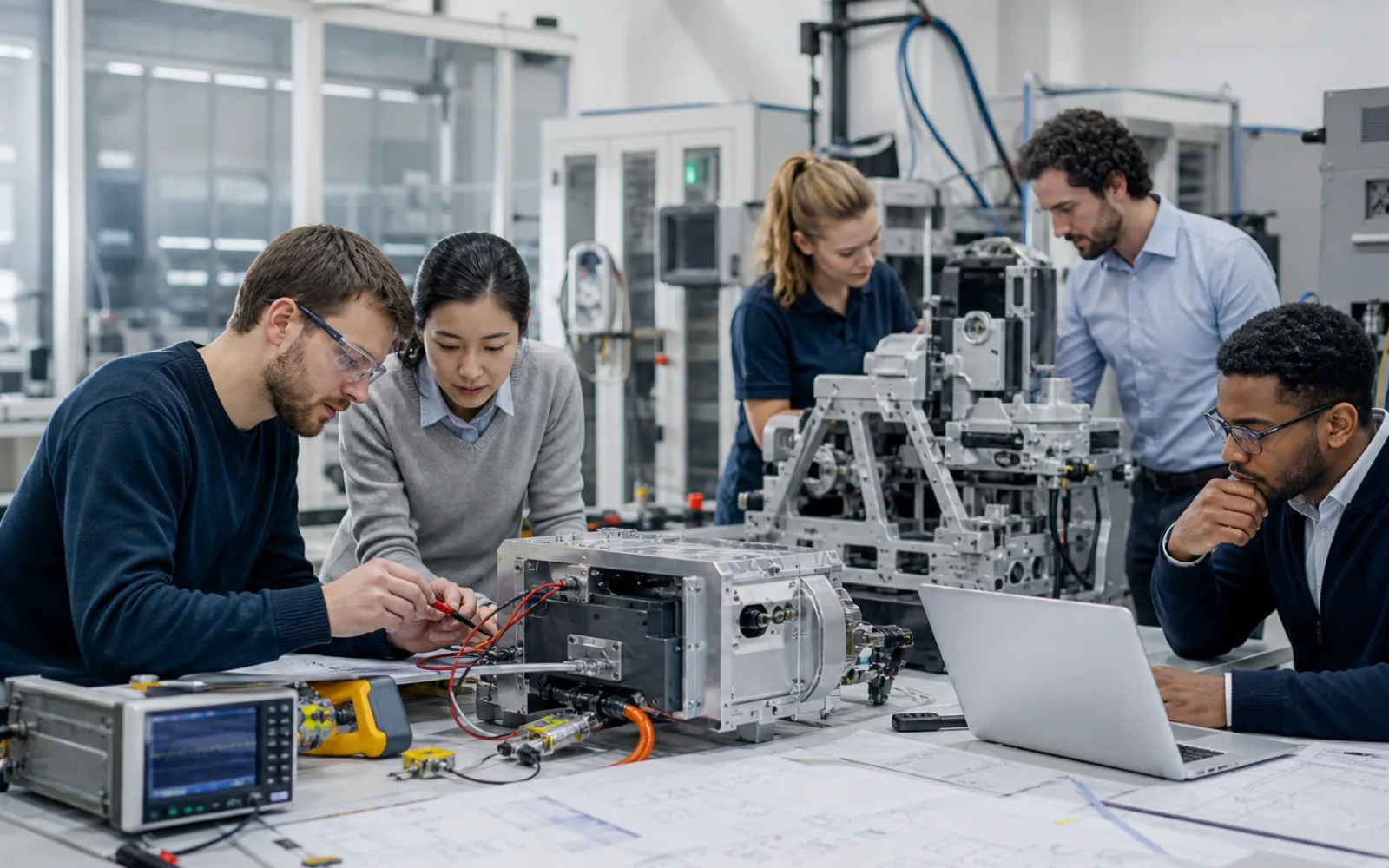 French industrial buyer and international engineering team reviewing a bilingual technical proposal