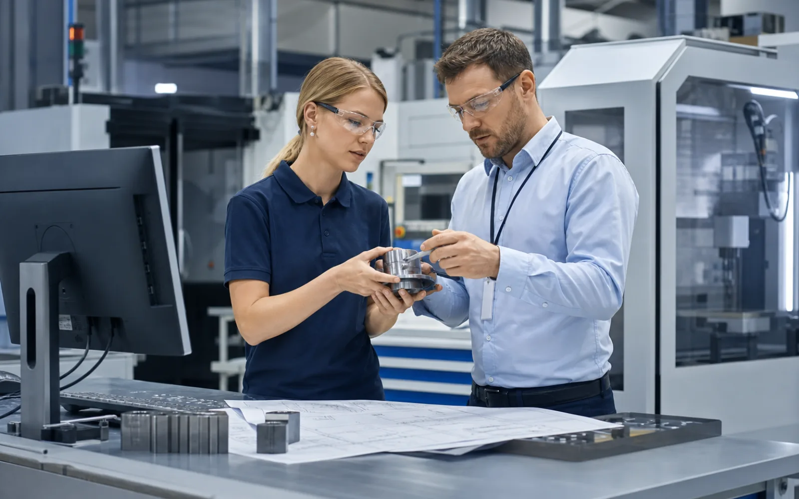 German industrial buyer reviewing engineering specifications with an international supplier team
