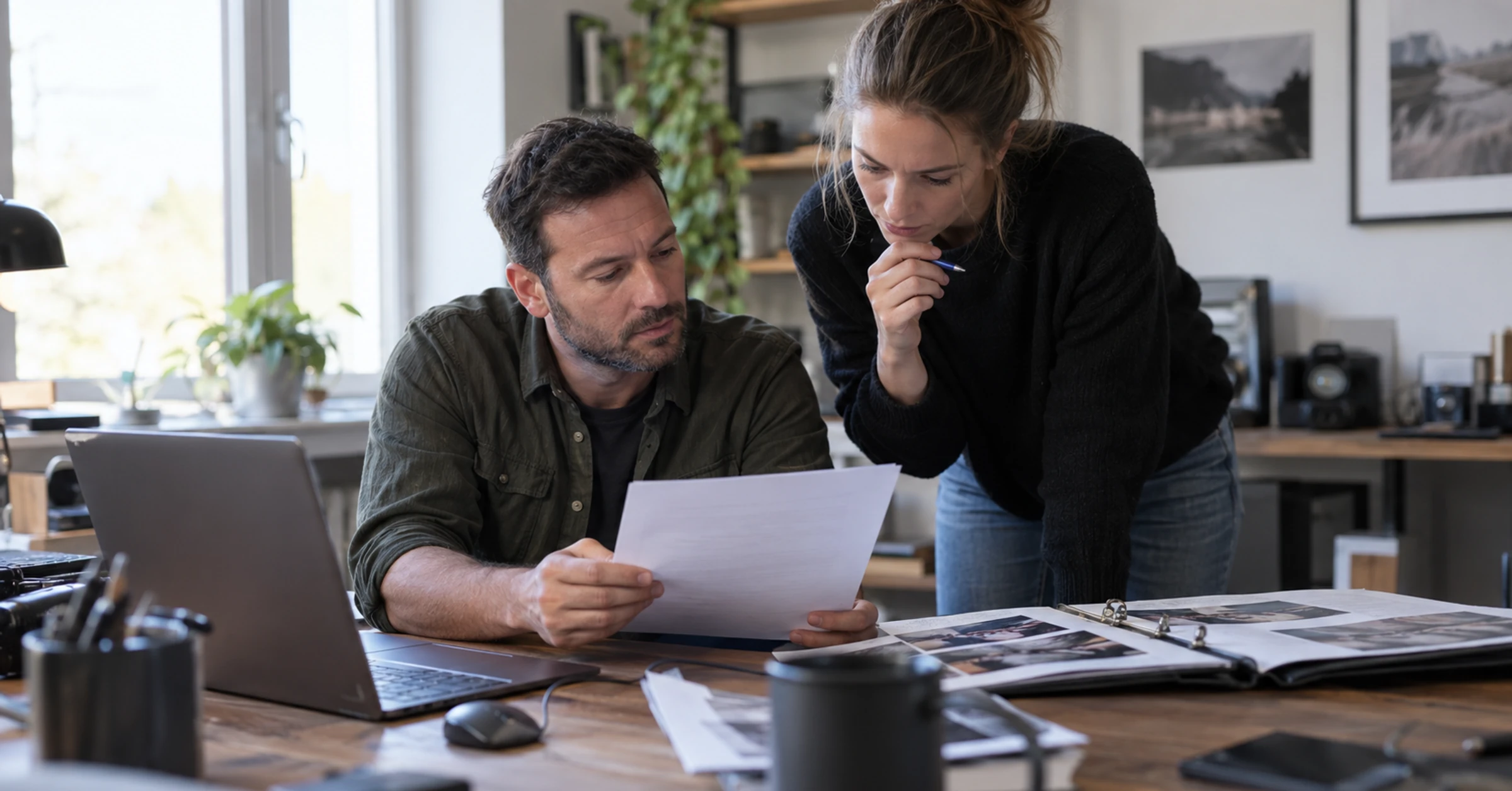 Technical service owner and writer review a printed page brief