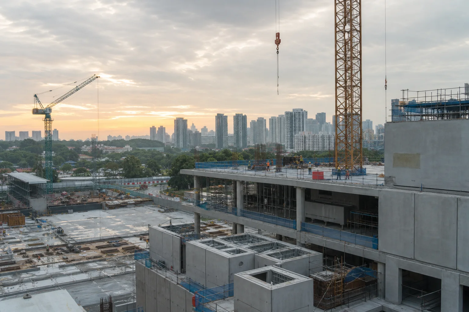 Tower cranes and concrete structures at a large Singapore construction site at sunrise