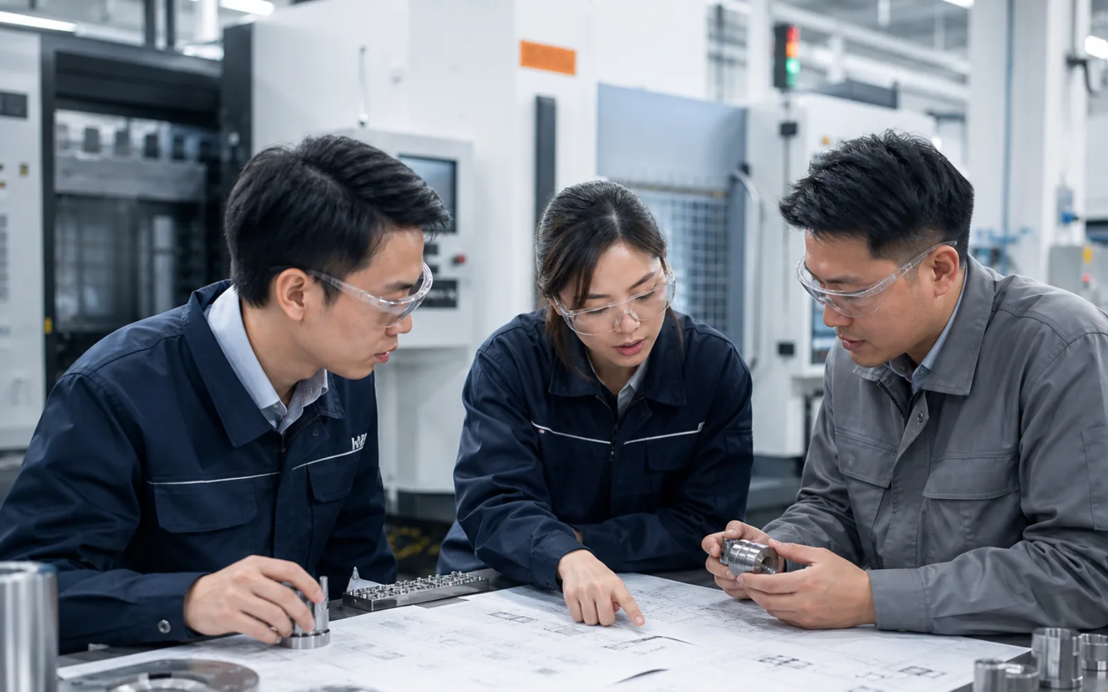 Young engineers collaborating around industrial equipment in a Singapore technology facility