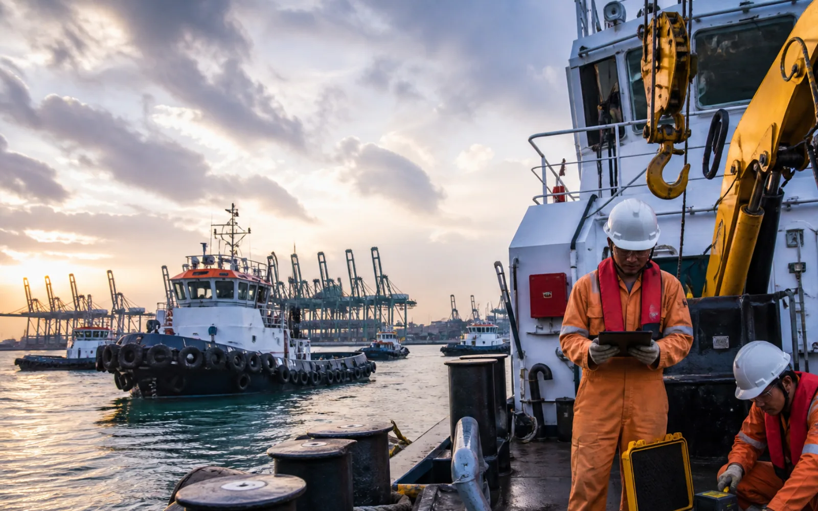 Singapore workboat fleet at port with vessel specifications being reviewed by an operations team