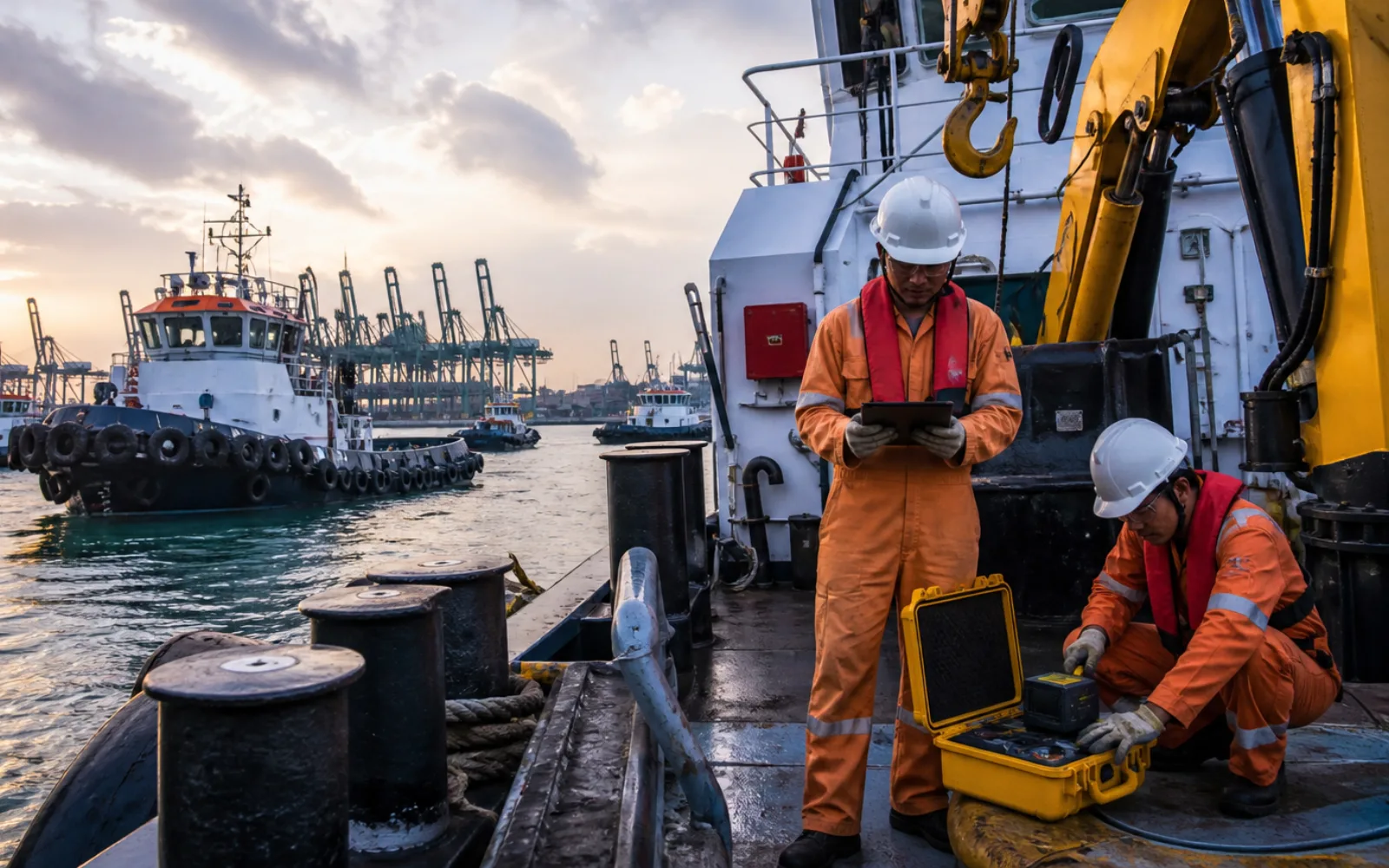 Singapore marine technician securely connecting authorised diagnostic equipment to vessel systems