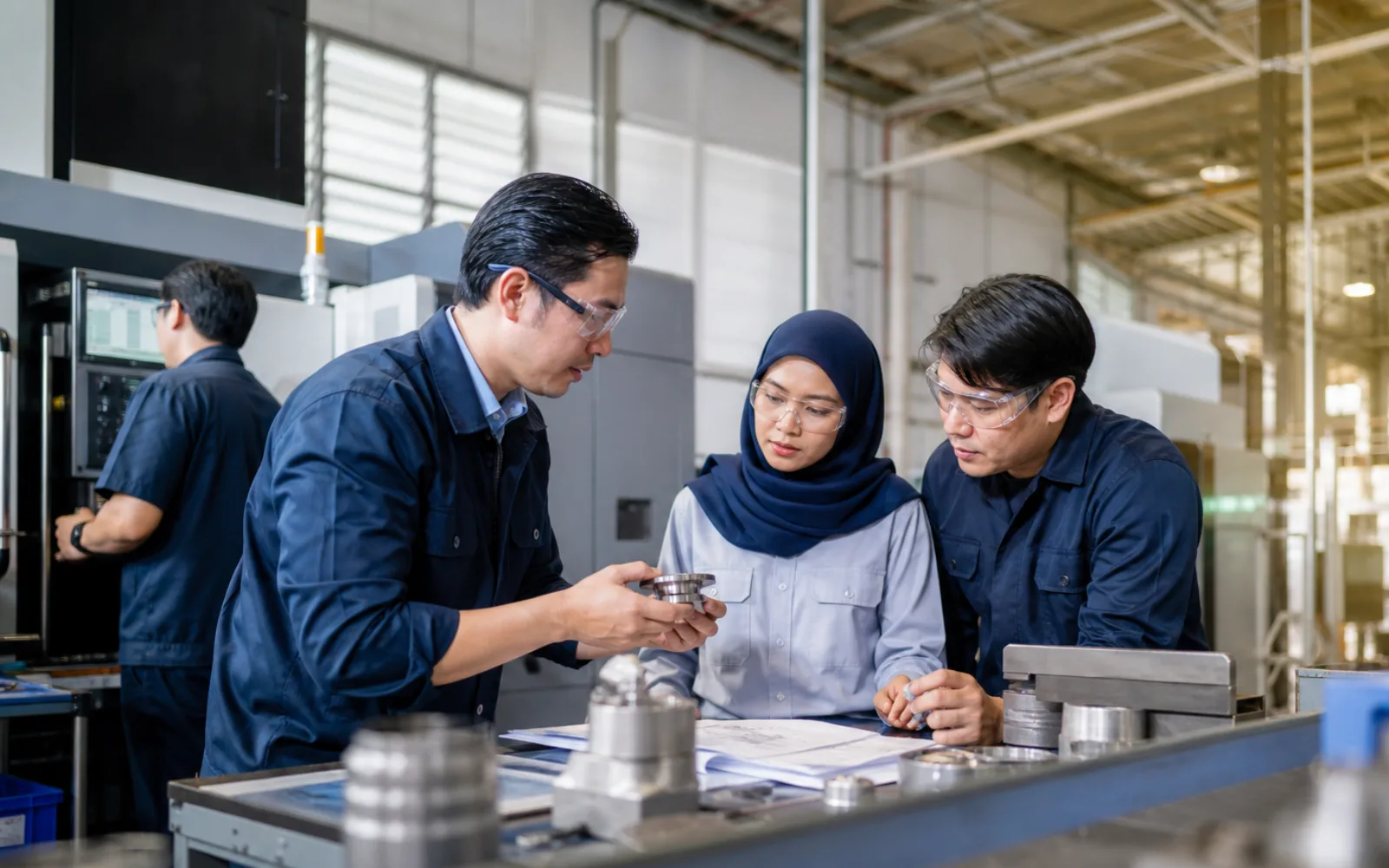 Quality engineer checking a measurement report beside precision components in a Malaysian factory