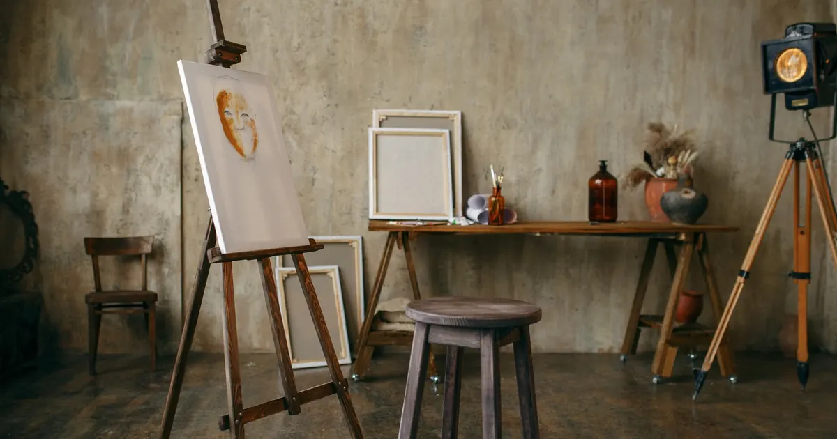 An artist's studio with an easel holding an unfinished portrait, a stool and a trestle table of brushes