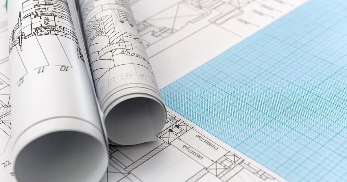 Rolled technical drawings lying on flat engineering sheets beside a sheet of blue graph paper