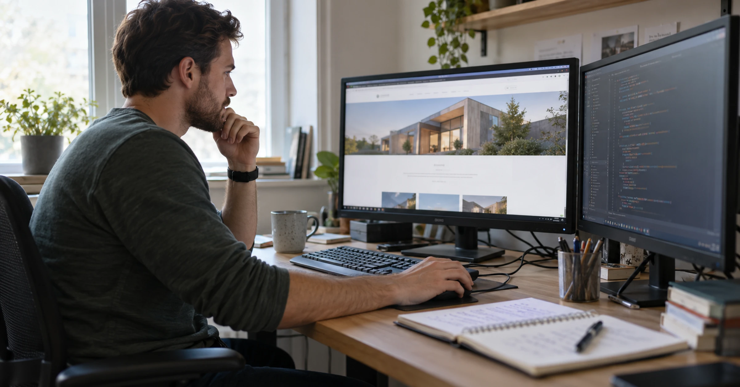 Web developer investigates a website beside a technical notebook