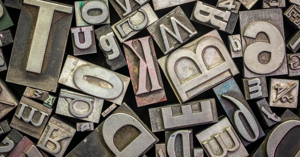 Assorted worn metal letterpress type blocks scattered face-up in a jumble of letters and numbers