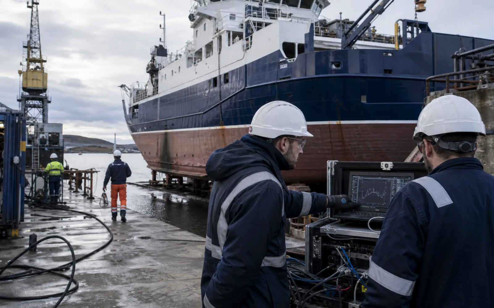 UK vessel retrofit team reviewing energy data and marine equipment in a shipyard