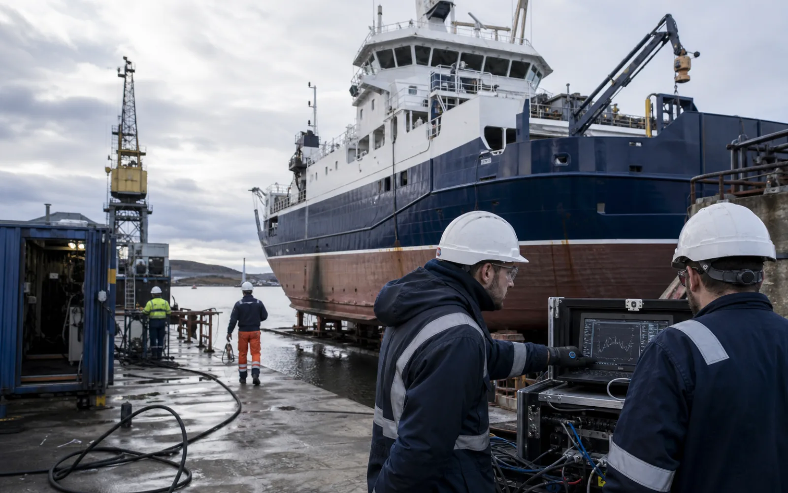 UK shipowner procurement team reviewing a marine supplier prequalification pack beside a vessel