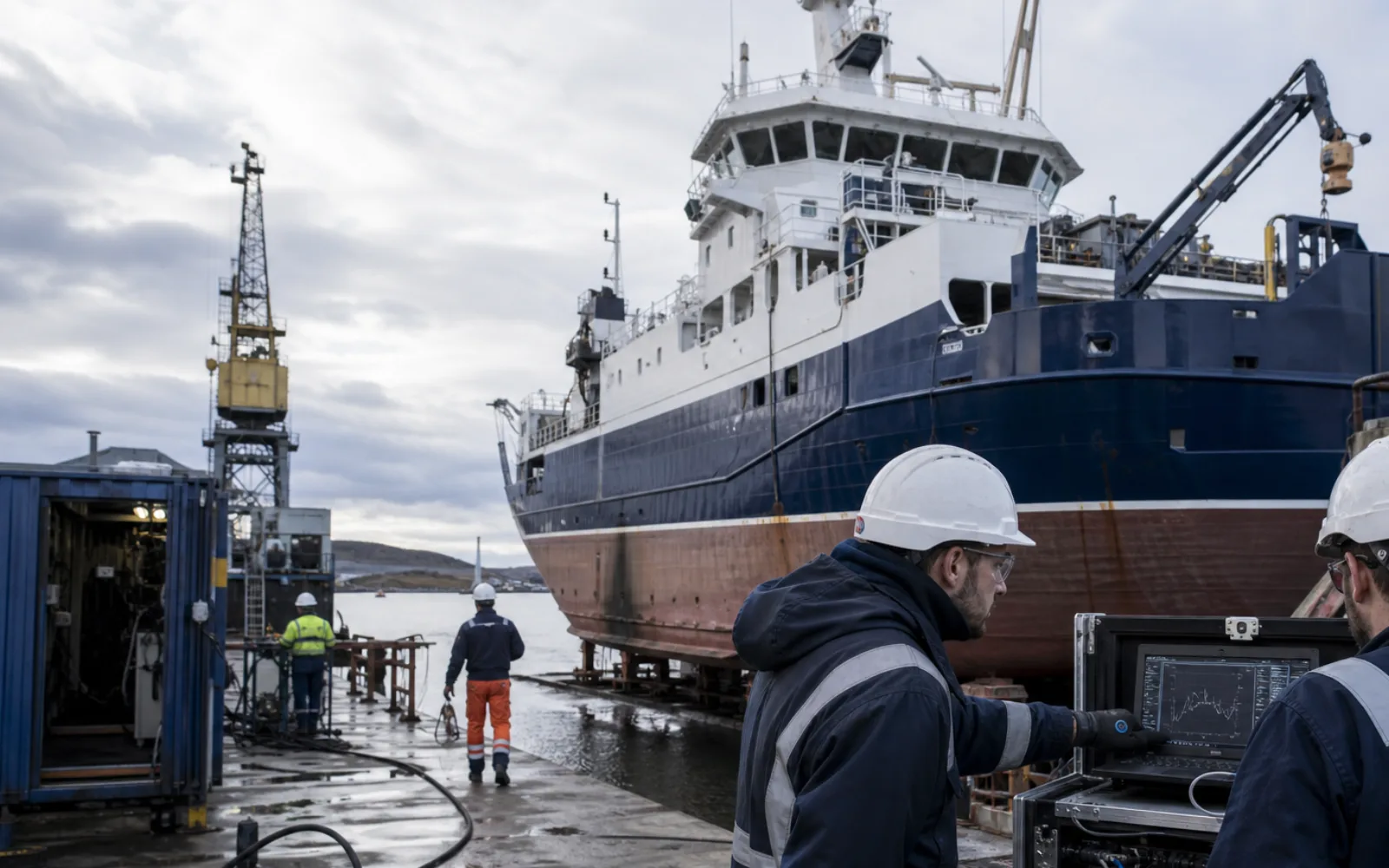 Marine technician using an authorised laptop beside vessel control systems in a UK port