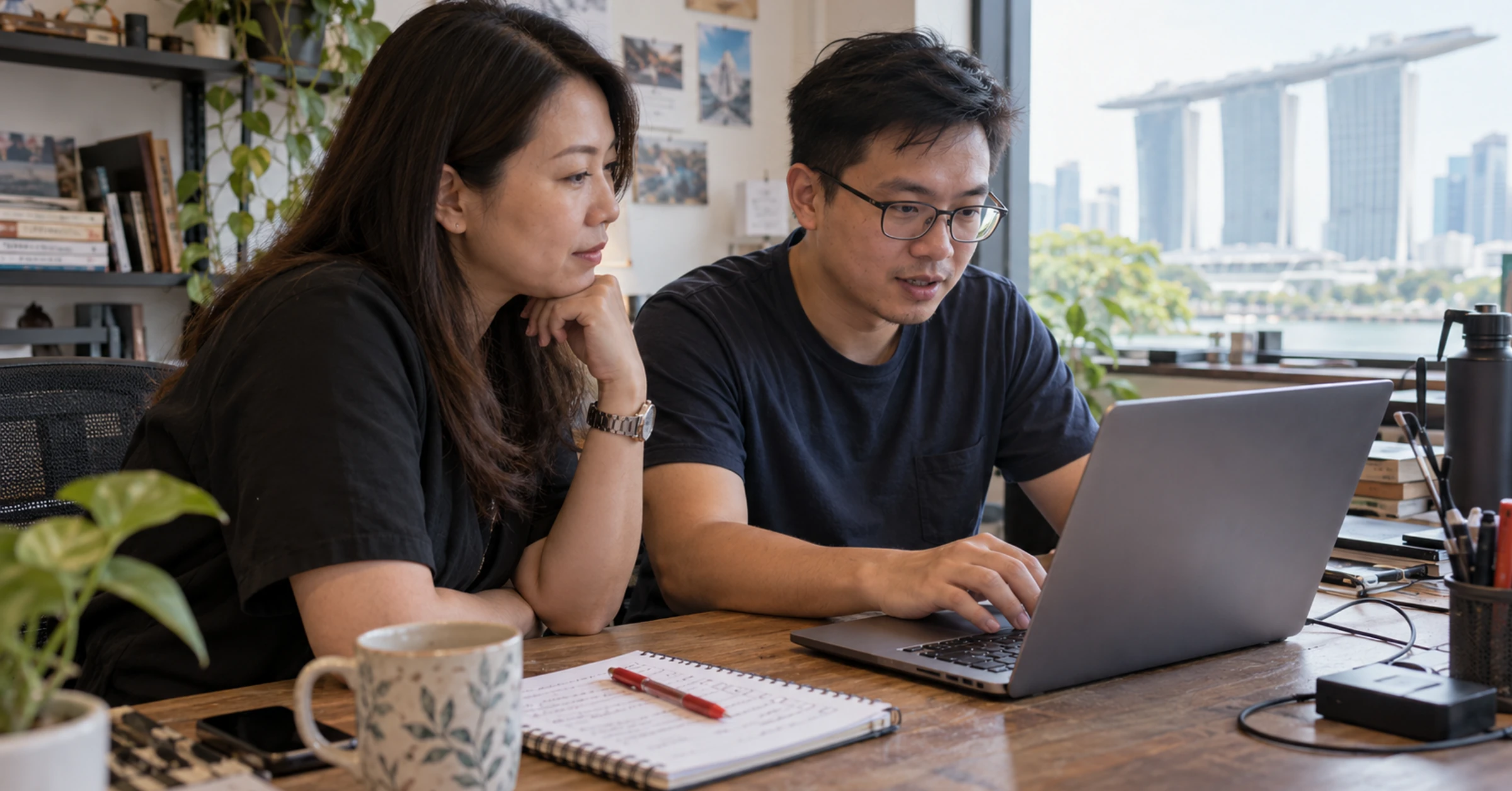 Two colleagues reviewing a laptop at a wooden office desk beside a notebook and red pen
