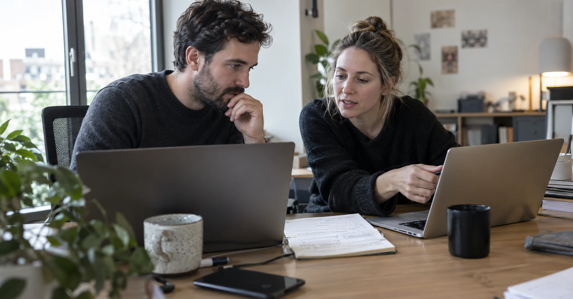 Developer and manager review a website move beside a notebook and laptop