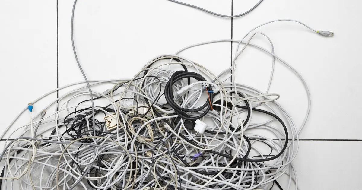 A tangled heap of network and power cables piled on a white tiled floor