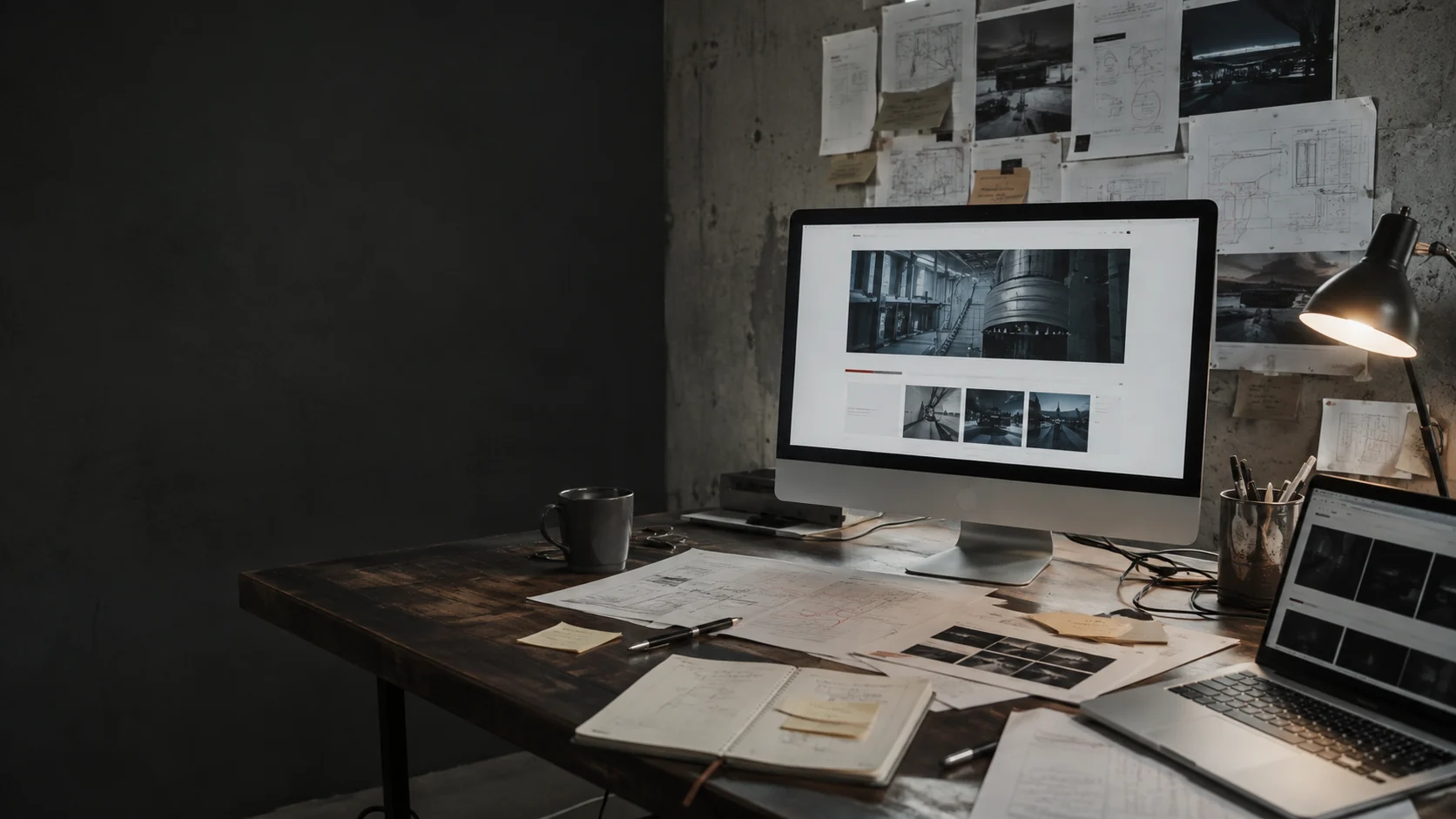Business website and interface screens being reviewed against a decision workflow
