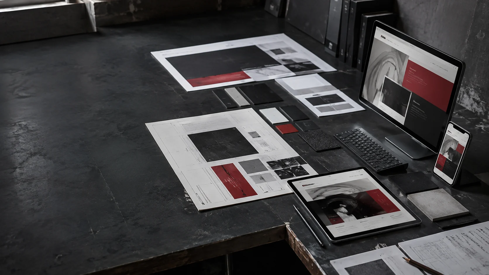 Brand identity materials and website interface components arranged as one design system