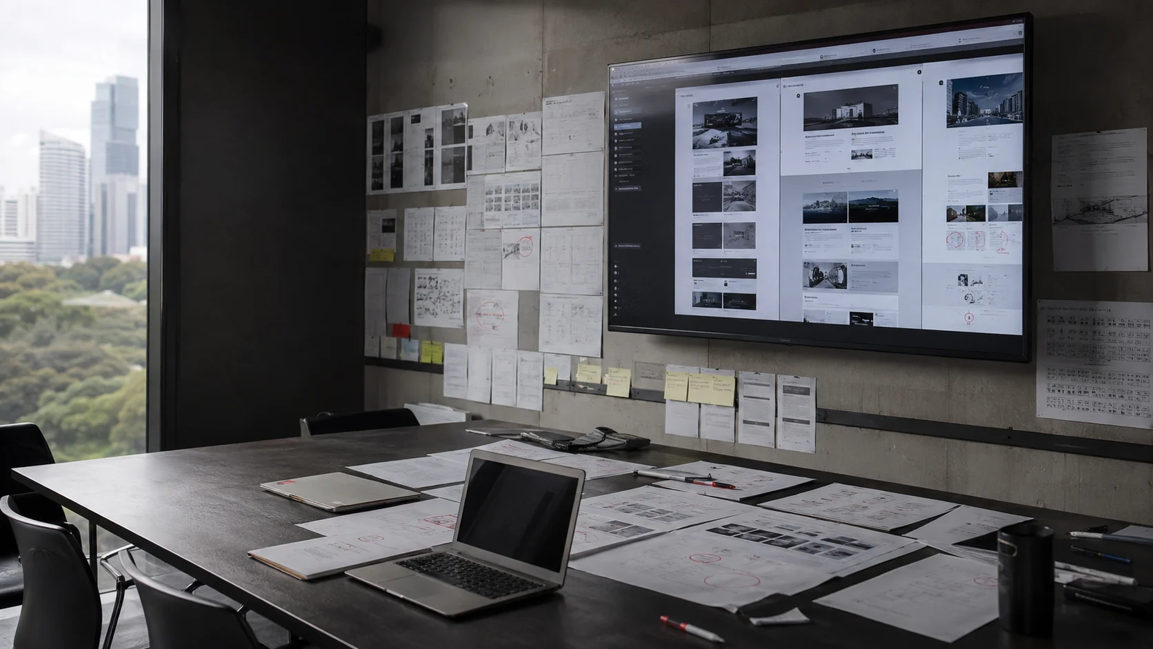 Corporate website structure and business documentation reviewed at a working desk