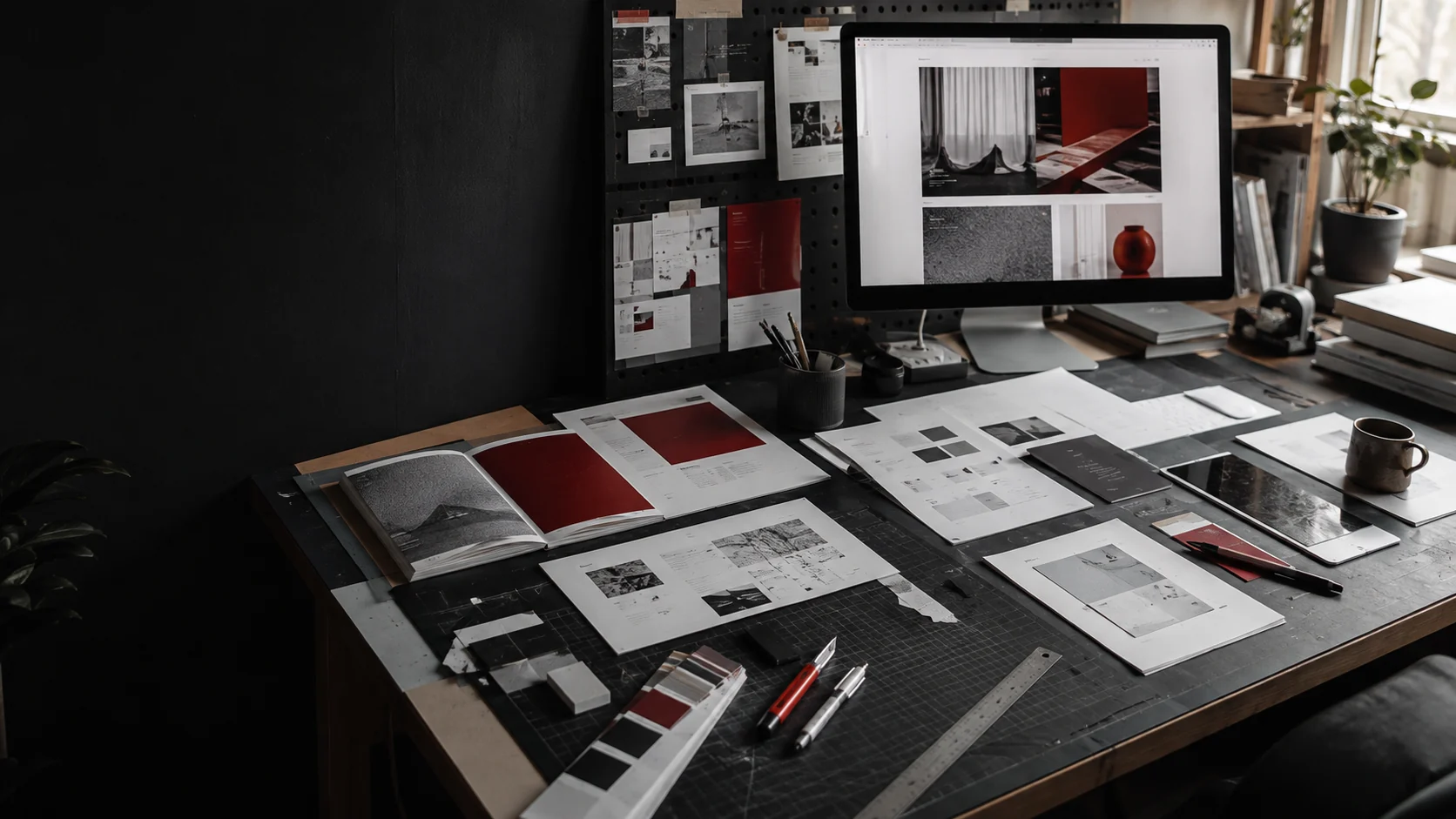 Brand, website and interface materials being developed together in a creative studio