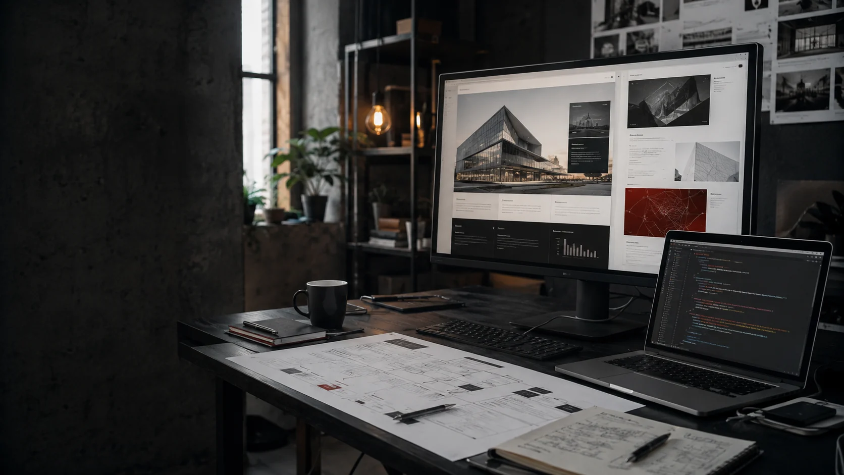 Website interfaces arranged across a working design and development desk