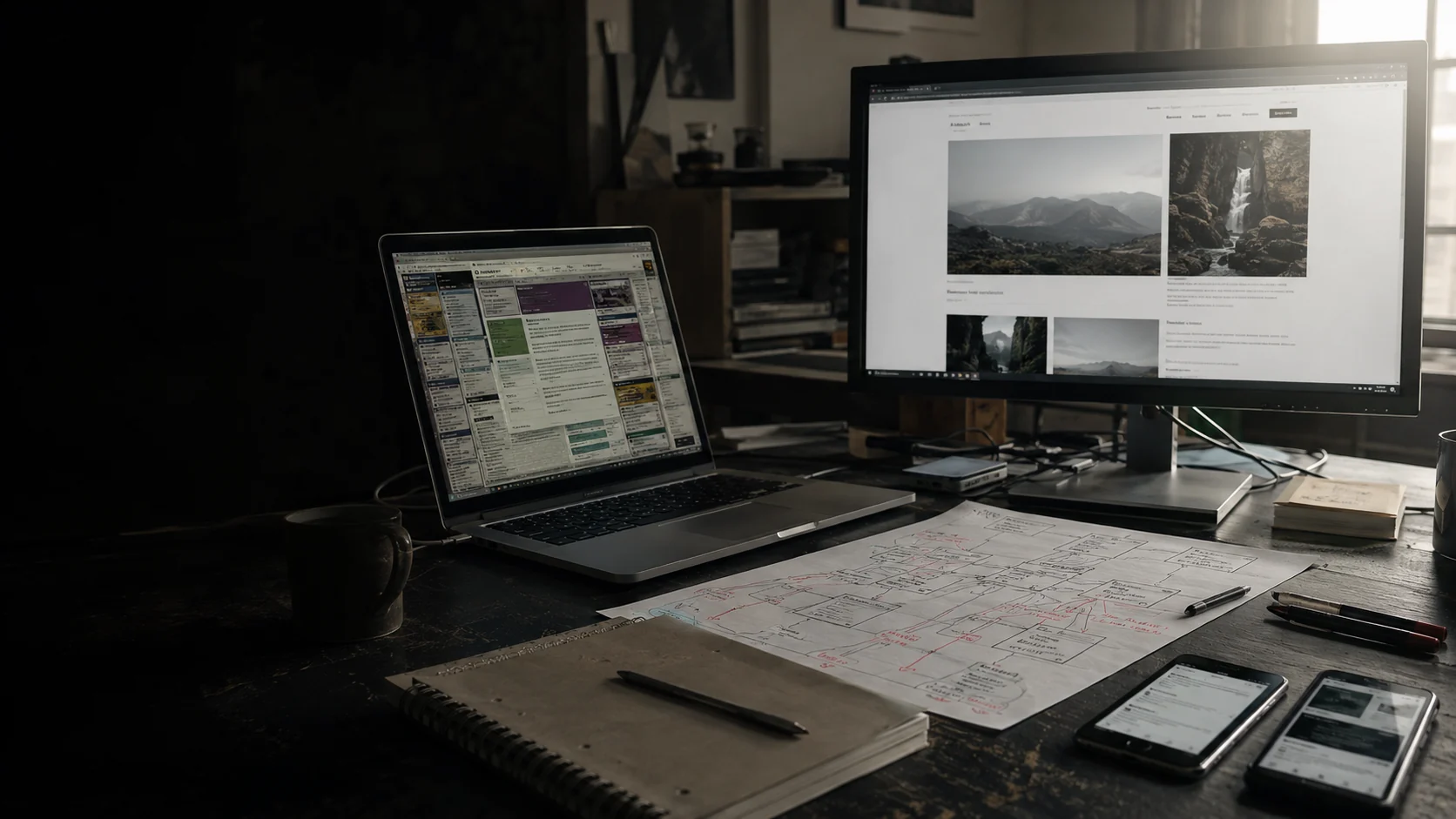 An existing website being audited and redesigned across desktop and mobile screens