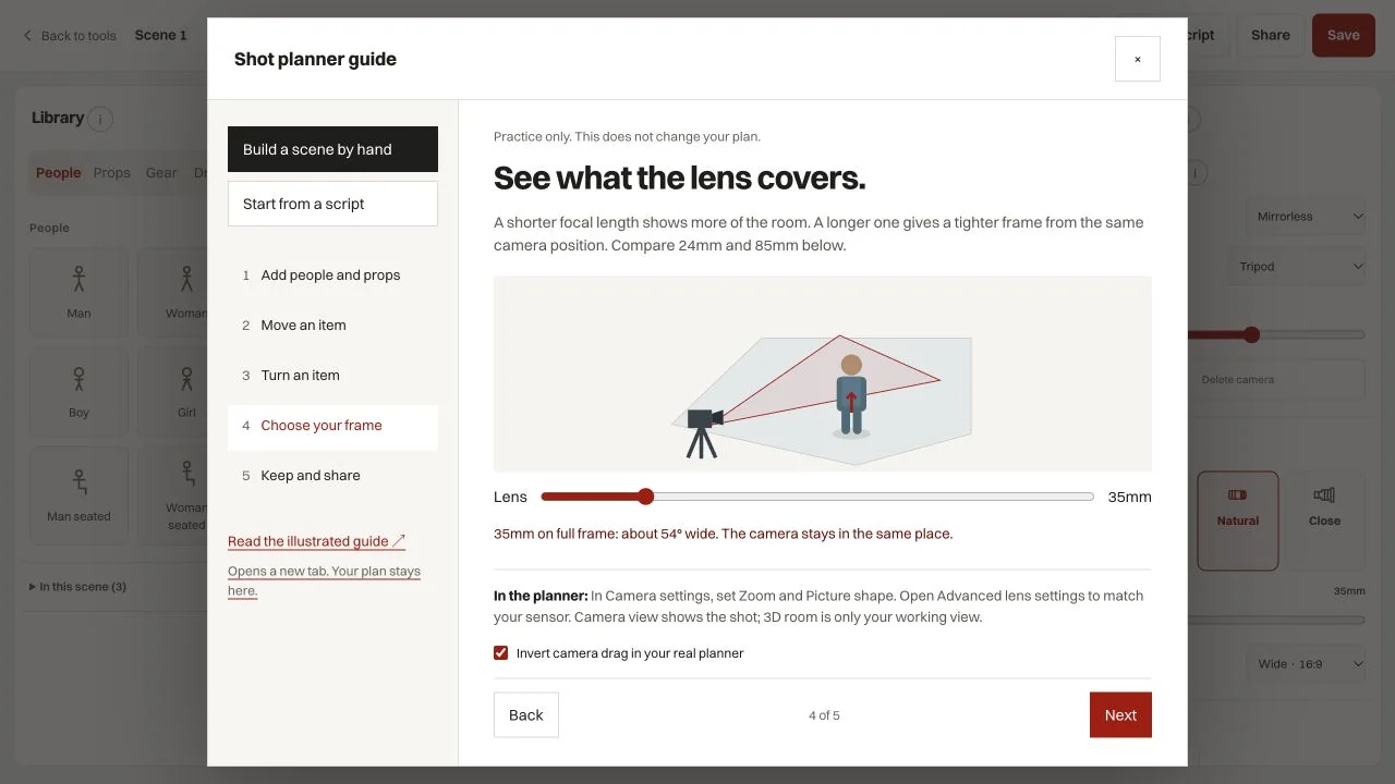 The interactive Shot Planner guide with a practice camera scene and controls for learning without changing a project