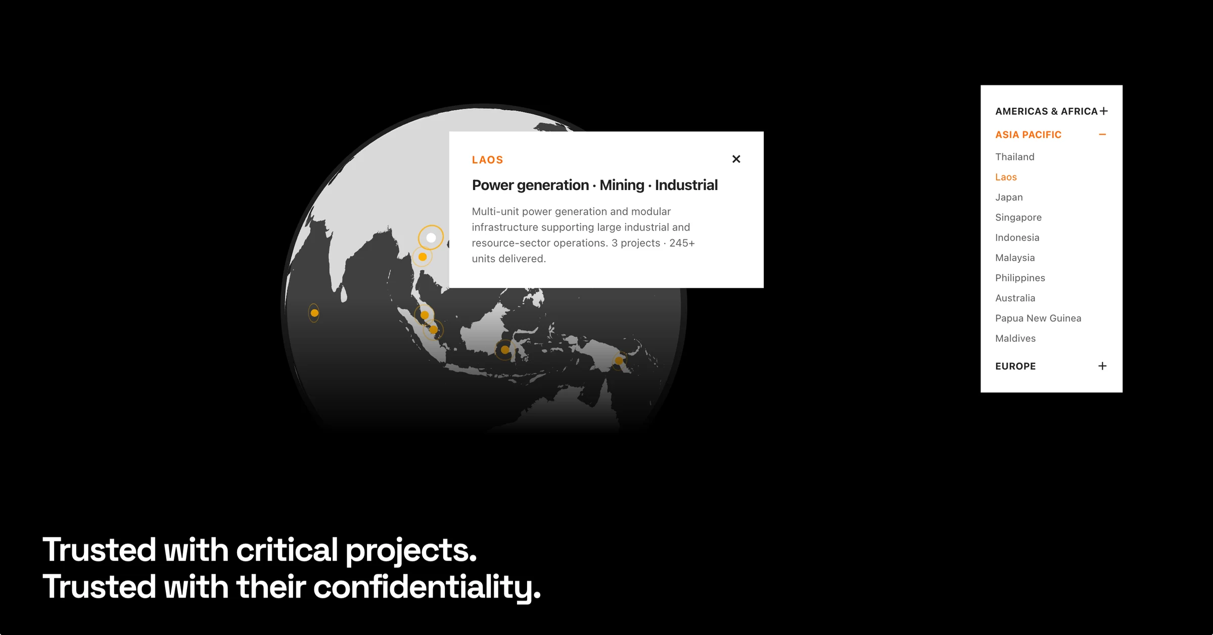 EN+ interactive project globe with country navigation and project details