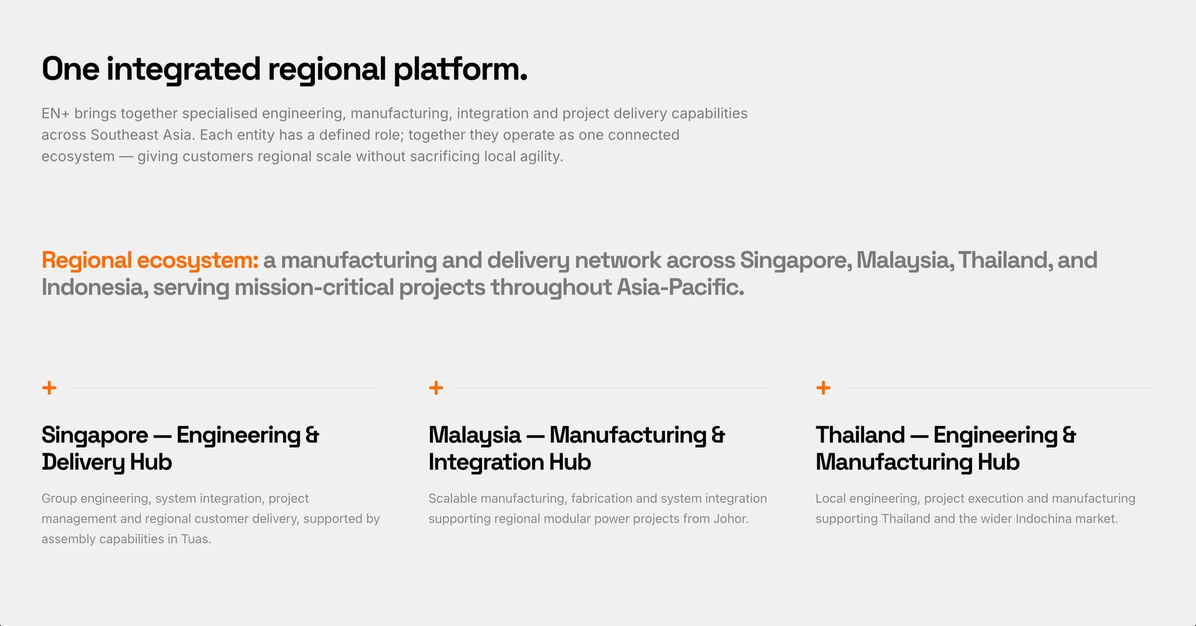 EN+ regional platform showing the roles of its Singapore, Malaysia and Thailand teams