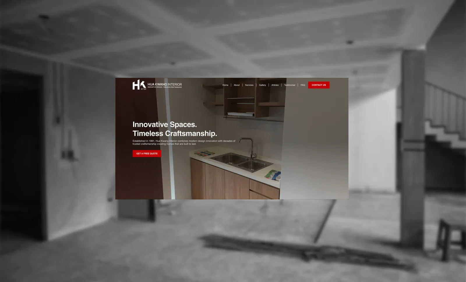 Hua Kwang Interior redesigned website displayed on a desktop computer