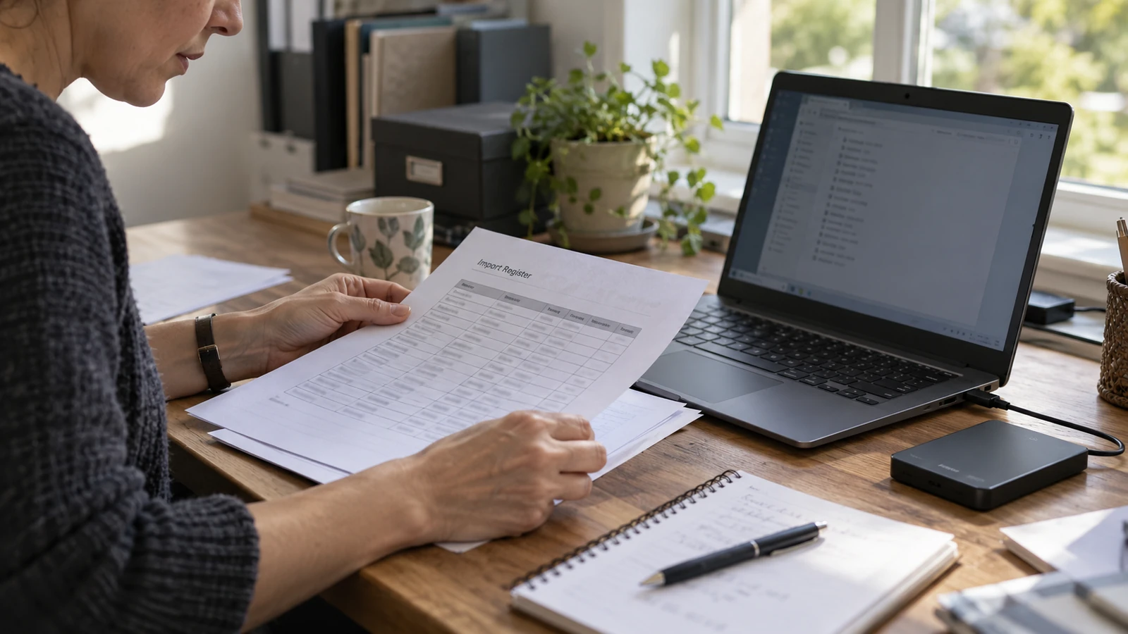 Hands check an import register beside a laptop and external drive