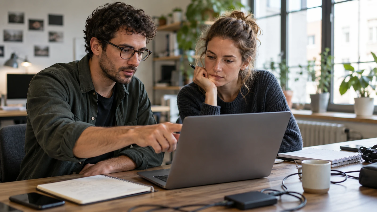 Operations coordinator and developer review a prototype at a desk