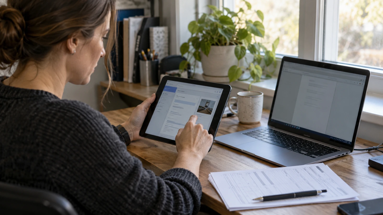 Customer coordinator tests a portal on a tablet beside an anonymous work order