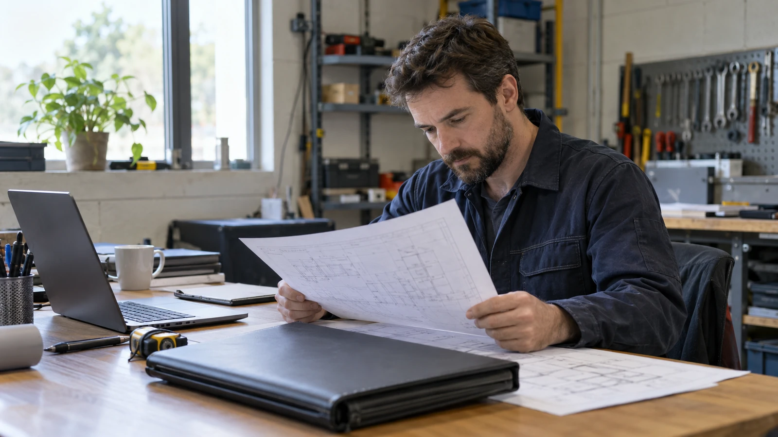 Engineer checks a printed revision sheet beside a drawing folder