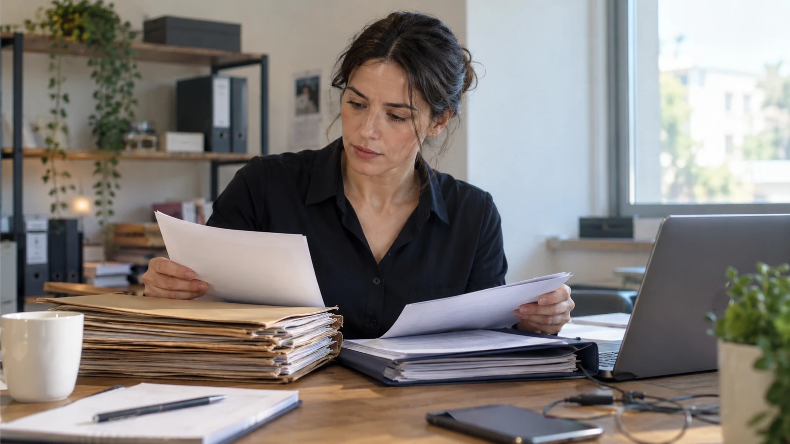 Business administrator checks old and new document folders beside a laptop