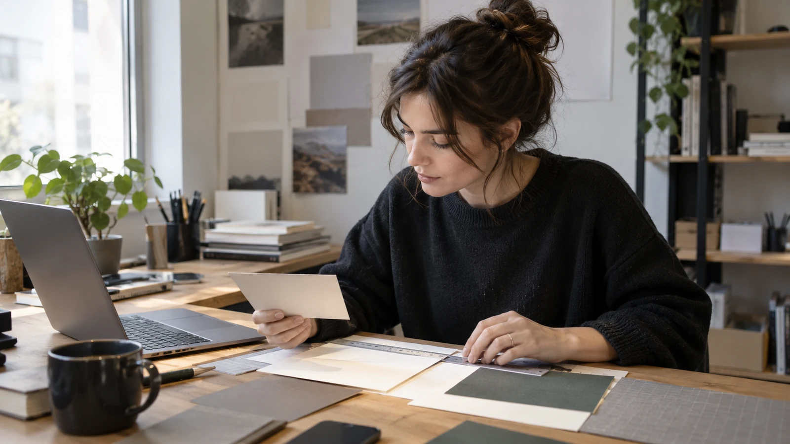 Designer reviews stationery proofs with a ruler and paper samples