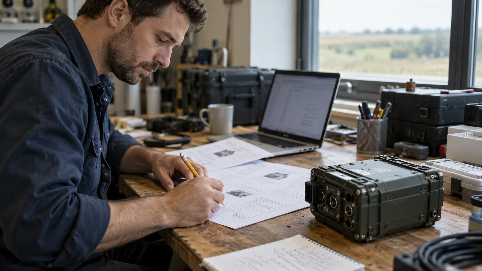 Technical specialist marks a printed capability description beside an equipment sample