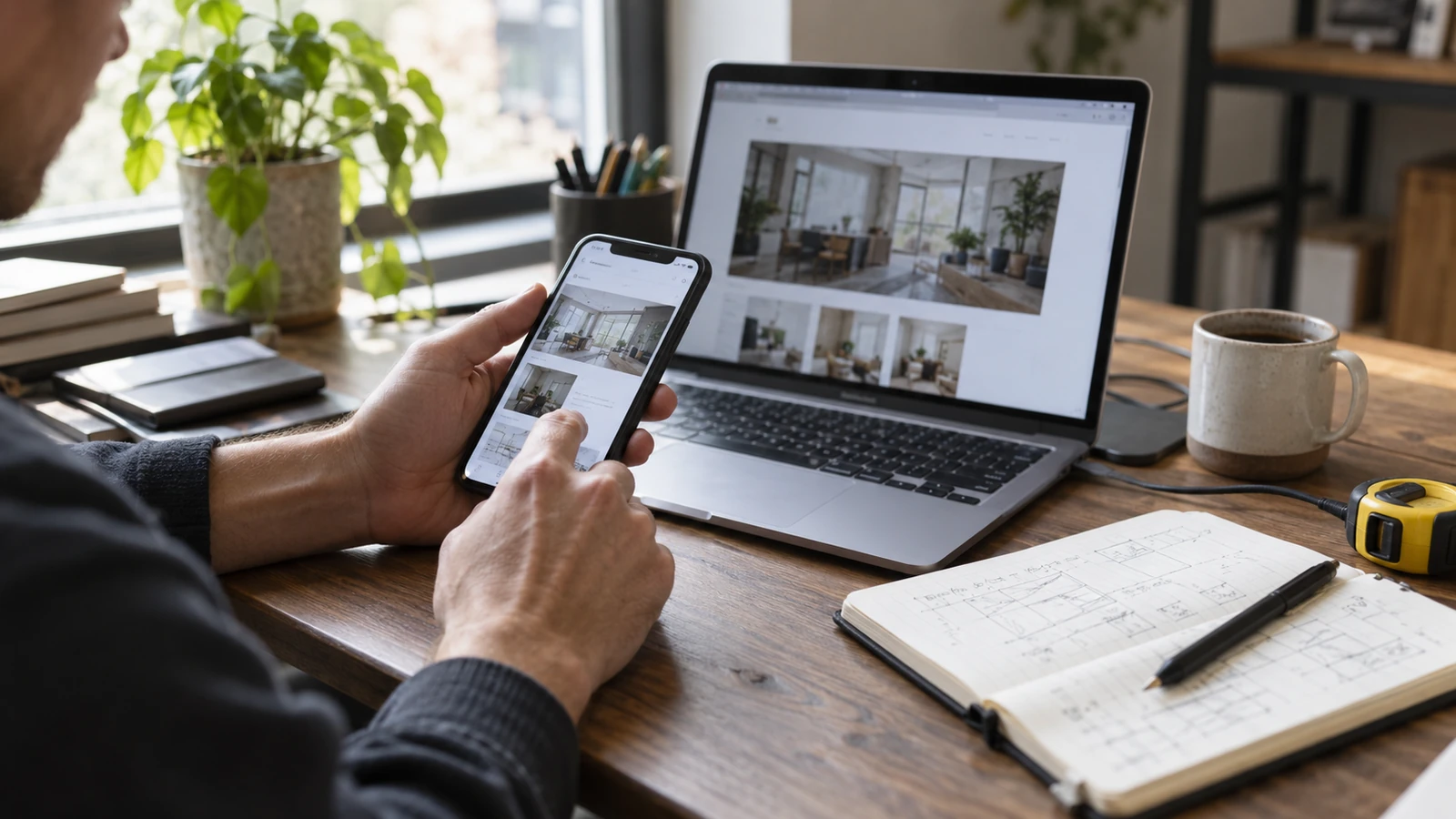 Hands test a business website on a smartphone beside a laptop and notebook