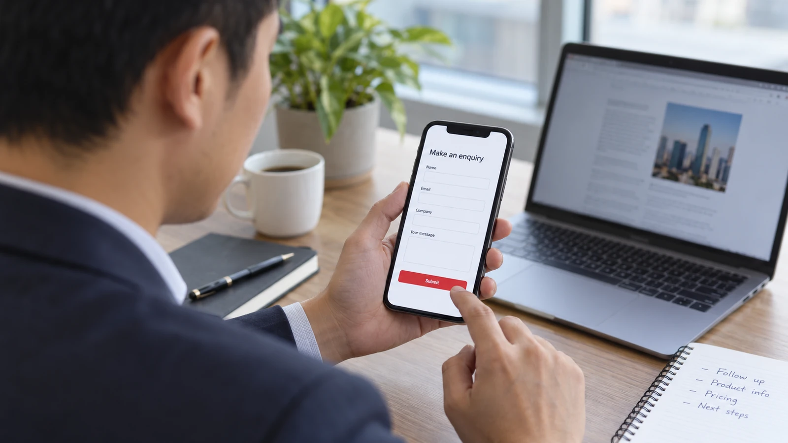 Business manager tests a white enquiry form with a red submit button on a smartphone at an office desk