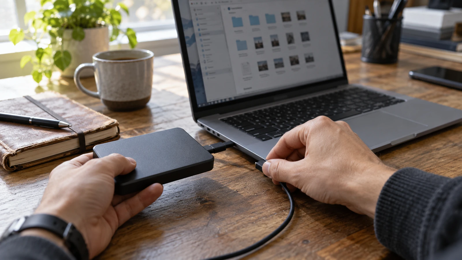 Hands connect an external backup drive to a laptop beside a worn notebook on a wooden desk