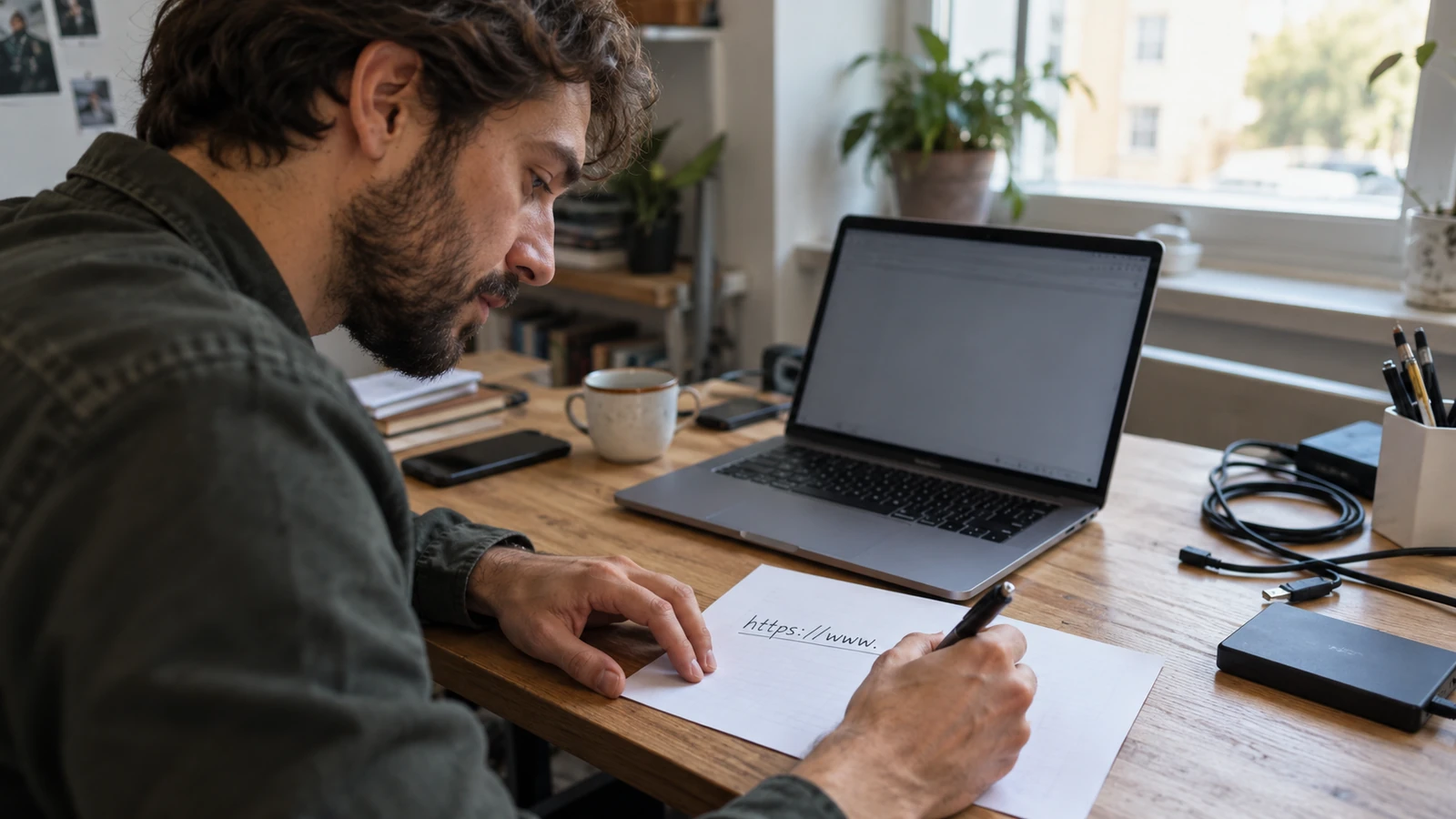 Developer traces website routes on paper beside a laptop